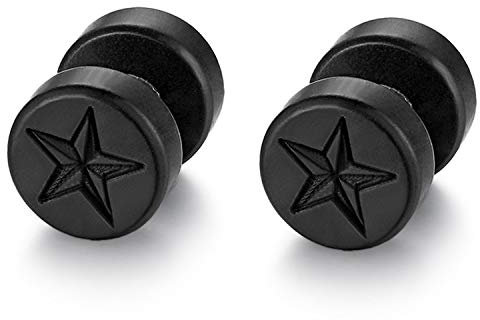 Flongo Herren Holz Ohrstecker Knopf Damen Ohrringe 10mm mit Stern Gravur Holz Edelstahl Gestüt Stecker Ohrringe Pentagramm Fake Plug Tunnel Ohrstecker Piercing Ohrschmuck für Männer Frauen Schwarz