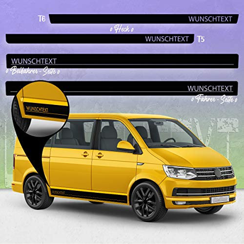 Auto-Dress Seiten-Streifen Aufkleber Set/Dekor passend für VW T4, T5 & T6 Bus - Motiv: Wunschtext (111M Black Matt, Radstand: Kurz)