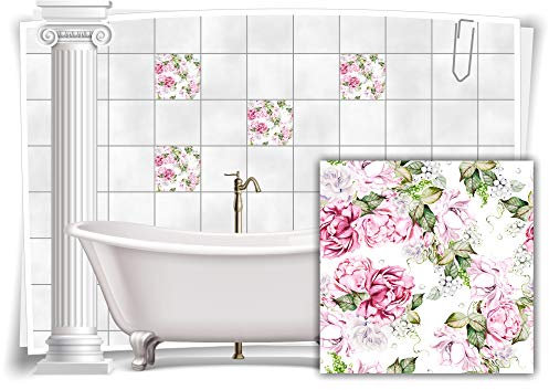 Medianlux Fliesen-Aufkleber Fliesen-Bild Blumen Blätter Nostalgie Floral Rosa Bad WC Deko, 8 Stück, 15x15cm m13m170-141038