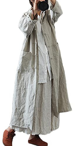 NFYM Women Vintage Cotton Linen Trench Coats Button Stand Solid Color Long Sleeve Pockets Long Jackets, Linen, One size