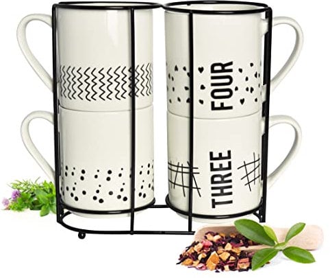 Sendez 4 Kaffeebecher 300ml aus Porzellan mit Metallständer Kaffeetassen Becher Tasse Mug