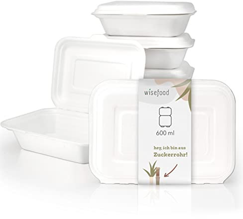 wisefood Lot de 50 boîtes jetables en canne à sucre - Blanc - 600 ml - Boîtes à repas avec couvercle rabattable - Idéal pour le takeaway - Vaisselle en canne à sucre biodégradable sans PLA/PE