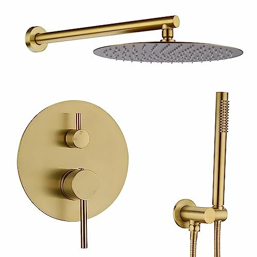 Brushed Gold 12 inch Bathroom Concealed Shower System Round Ultra Thin Overhead Rainfall Shower Head with Brass Diverter Valve Mixer Tap and Handheld Kit