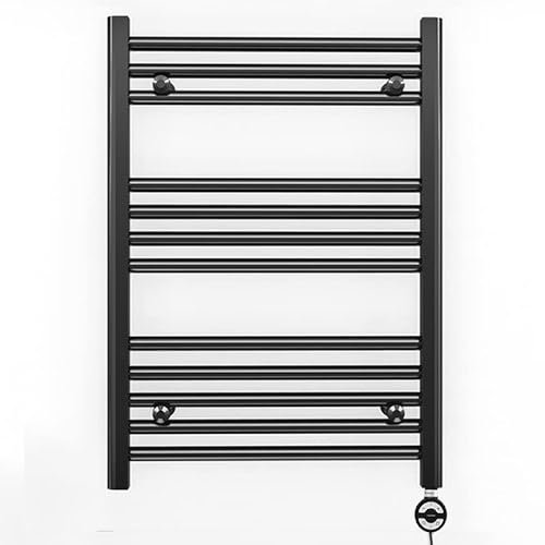 Myhomeware 600mm Wide Black Electric Bathroom Heated Towel Rail Thermostatic Warmer Radiator Precise Control (600 x 700 mm (BTU: 1234))