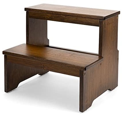 StrongTek Taburete de bambú de dos escalones para adultos y niños, taburete de cama con parte inferior antideslizante, resistente para cocina, baño, taburete de noche, escaleras de madera, capacidad
