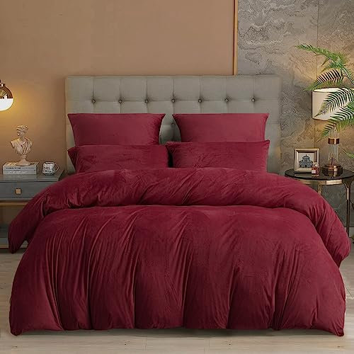 Damier Warme Winter Bettwäsche 200x220cm Rot Weinrot Cashmere Touch Plüsch Bettwäsche Set Fleece Flausch Bettbezug mit Reißverschluss und 2 x Kopfkissenbezug 80 x 80 cm