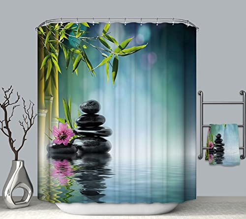 EHOMERY Rideau Douche Lourd Rideau De Bain Pierre Bambou Fleur Lac Eau Rideau Douche Qui Ne Colle Pas Rideaux De Douches en Tissu Polyester Vert Bleu 12 Anneaux De Crochets, 140X180Cm