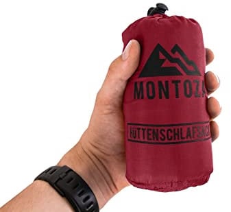 montoza Hüttenschlafsack - Ultraleicht 170g rot - Inlett aus Seide und Baumwolle - Reiseschlafsack leicht, dünn, warm, dunkelrot