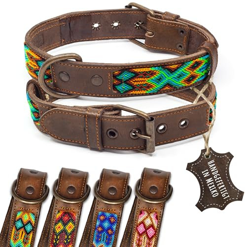 ALTEZAR Lederhalsband Hund - Doppelt Tribal Bestickt Grün Braun - Hochwertig verarbeitetes Hundehalsband Leder - Handgemacht in Mexiko - Größe M - Halsband Hund für mittel-große Hunde Leder breit