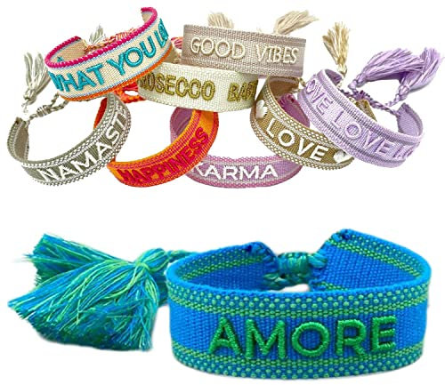 LS-LebenStil Exklusives Statement Armband Quasten besticktes Boho Canvas Webarmband (Amore Blau/Grün)