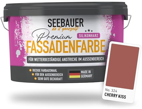 SEEBAUER diy Silikonharz-Fassadenfarbe Rot 5L für Außen (No. 324 Cherry Kiss) Selbstreinigende Fassadenfarbe mit Lotuseffekt - Geeignet für Putz, Mauerwerk und Beton