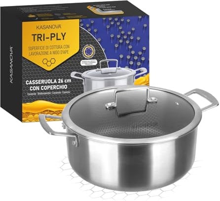KASANOVA Casserole antiadhésive induction Tri-ply avec couvercle en verre – Revêtement antiadhésif 3 couches ultra-résistant (26 cm)