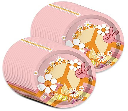 OXYLIPO 7 Two Groovy Paper Plates Celebrate Party Tableware Round Disposable Dinner Paper Plates Set Groovy Hippie Boho Rainbow Peace Bus Theme Party Paper Plates Festival Party Supplies, Pack of 24