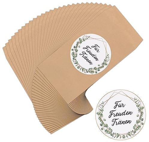 Huiguli Freudentränen Hochzeit Papiertüten, 60 Stück Taschentücher Hochzeit mit 60 Freudentränen Aufkleber, Vintage Hochzeit Deko, Elagante Verpackung für Hochzeit,Gastgeschenk,Taufel