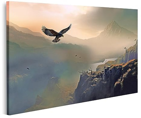 islandburner Bild auf Leinwand Adler Fliegt Über Bergsee Sonnenuntergang Bilder Wandbilder Poster JDGV-1K