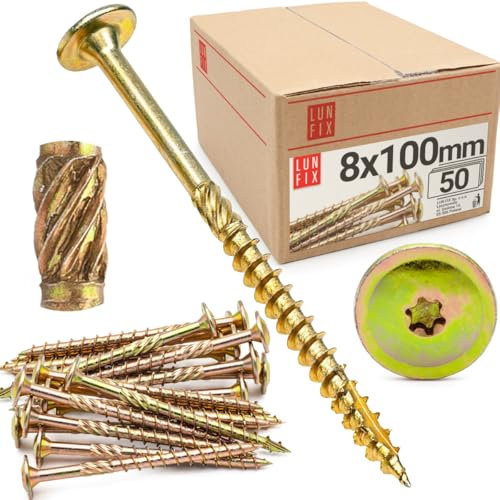 Lun Fix Viti a testa piatta, 8 x 100 mm, 50 pezzi, TX40, testa piatta/nervature per fresatura, zincate, viti Torx, viti per legno, viti a testa piatta per legno, viti da costruzione
