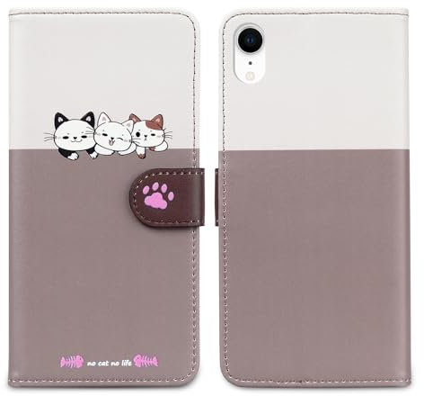Nbziyoo Phone Case for iPhone XR,Cartoon Cats/Dogs Patterns Flip Wallet Case with Card Slots, Premium Magnetic PU Leather Cover Case for iPhone XR, Light Gray