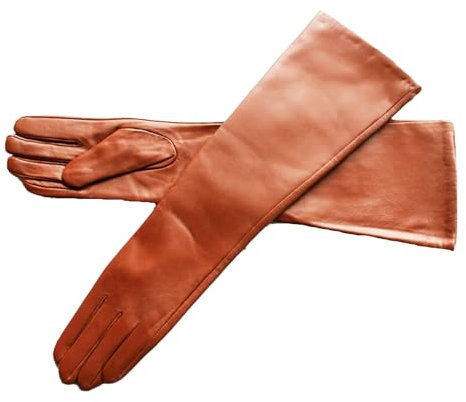 Lange Lederhandschuhe für Damen, Schaffell, dünn, über Ellenbogen, langes Fleecefutter, warme Winterhandschuhe, schokoladenbraun, 7