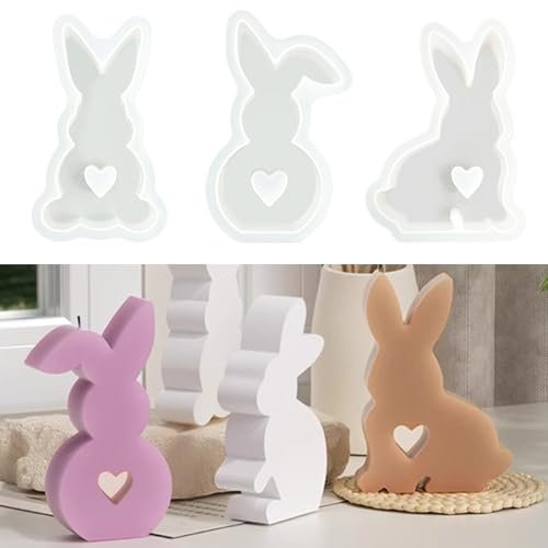 FINEASY 3 Stück Osterhase Silikonform, 3D Kaninchen Gießform, Hase Backform für Handwerk Sojawachs Kerzen Gips