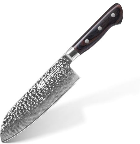 FINDKING Coltello Santoku da 7 Pollici in Damasco, Versatile Coltello da Chef Ispirato al Giappone, Coltello Multifunzione per la Preparazione di Verdure (Serie Raven)