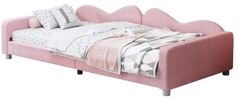 90x200 cm Schlafsofa Tagesbett mit Lattenrost, mit Rückenlehne und Armlehnen, mit Teddystoff Bezug, Einzelbett Polsterbett für Kinder und Jugendliche, Mädchen (Rosa)