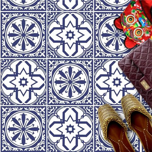 HUBDECO - Fliesenaufkleber - Küche, Badezimmer Deko - Klebefliesen - Bodenfliesen - Klebefolie Küche - Boden Schutzmatte - Selbstklebende Fliesen - 9 Stk. - Mosaik Blau Weiß - 20x20cm