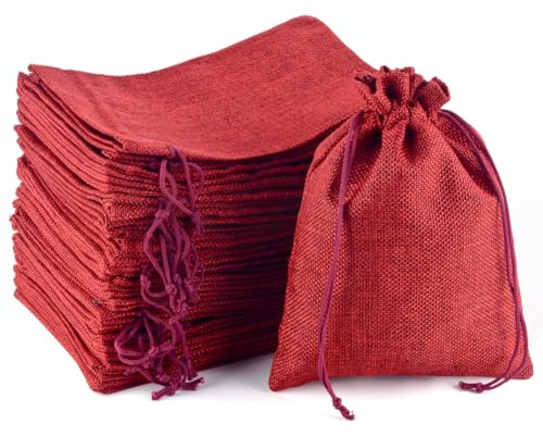PLECUPE 30 Stück Jutebeutel, 15x 20cm Stoffbeutel mit Kordelzug, Jutesäckchen, Säckchen zum Befüllen, Lavendelsäckchen, Jutesack für Dekoration, Partys, Hochzeiten (Weinrot)