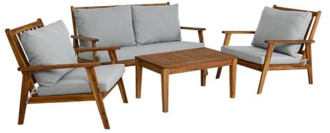 byLIVING Outdoor Sofa-Set LA Palma/Akazie massiv, Natur/Webstoff hellgrau / 2-Sitzer: B 134, H 75, T 75 cm, Sessel (2X): B 70, H 75, T 75 cm, Couchtisch: B 100, H 40, T 50 cm