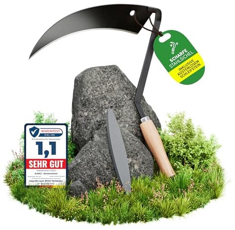 ALBAJ Falce con manico in legno – falce tradizionale affilata – falce sostenibili – 31 x 33 cm – inclusa pietra affilatrice – robusta falciatrice per erba