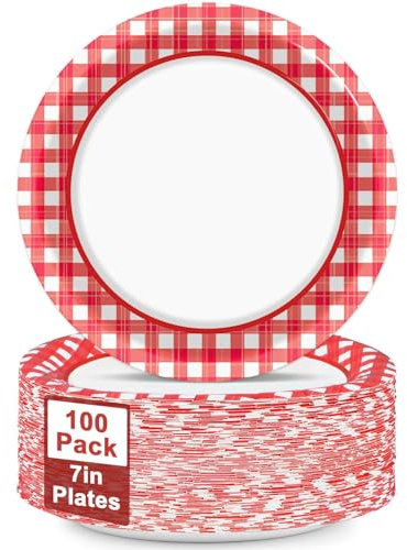 100pcs 7inch Red and White Plates Gingham Checkered Plaid Tableware Newborn Baby Shower Red Gingham Dessert Disposable paper Dinnerware for Picnic Barbecue Baby Shower Birthday Party Decorations