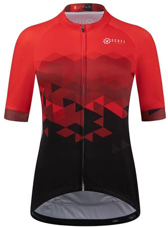 GCRFL Women's Cycling Jersey Short Sleeves Cycle Tops Shirt Bicycle Jersey With 4 Pockets, Women Bike Jersey Zipper Pocket, Red, S