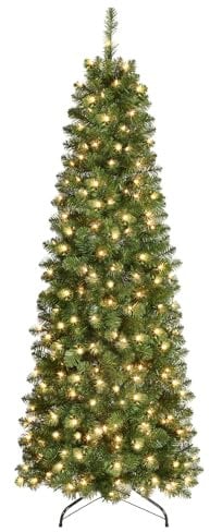 SHareconn 6ft Artificial Slim Pencil Christmas Tree, Pencil Xmas Tree With 545 Branches Tips, 200 Warm White and Foldable Metal Stand, Christmas Decorations for Home, Green