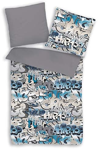 termana Graffiti Bettwäsche Set 155x220 + 80x80 · 100% Baumwolle, Reißverschluss, blau, grau · 3D Teenager-Bettwäsche · Jungen-Bettwäsche (80x80 + 155x220 cm)