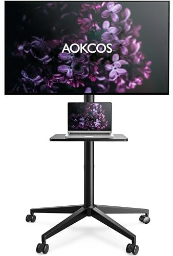 AOKCOS TV Bodenständer Rollbar mit Ablage, TV Ständer mit Rollen für 32-65 Zoll Fernseher bis 40 kg, TV Standfuss Höhenverstellbar Neigbar, Max VESA 400x400 mm, Einfache Montage