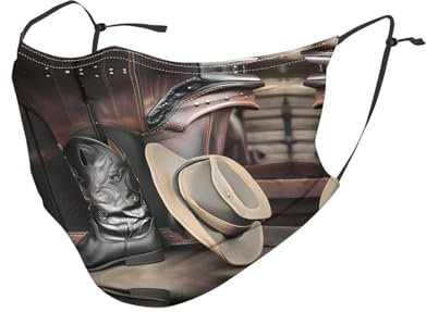 YYHHAOFA Staubmaske für Erwachsene, weich, atmungsaktiv, geeignet für Camping, Laufen, Reisen, den täglichen Gebrauch, Cowboy-Hut, Westernstiefel, bedruckt, 1 Stück