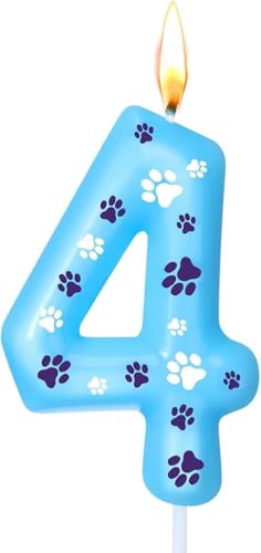 Ovaletta Blaue Geburtstagskerzen Zahlen 4 mit Pfotenabdruck, Kerzen Geburtstag, Blaue Geburtstagskerze, Geburtstagskerzen für Torte, Kerze 4, Kuchenaufsatz für Jungen, Mädchen, Hunde Partyzubehör