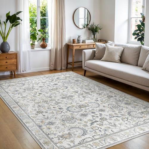 BEIMO Tapis de Salon 120x170CM Orienta Vintage Tapis de Chambre Adulte Tapis Dessin Antidérapant Tapis GrisClair