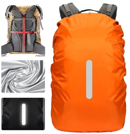 Lammcou Regenschutz für Rucksäcke Schulranzen, Wasserdichter Backpack Überzug Regencape Regenhüllen mit Reflektoren & Kreuz Schnallenriemen für Wandern, Camping, Radfahren (1, Orange, S: 15-25L)