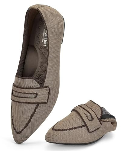 Puxowe Damen Ballerinas Slip On Spitz Strick Kleid Flache Schuhe Pumps Elegant Bequem Ballerina Flats für Damen 36 EU Khaki