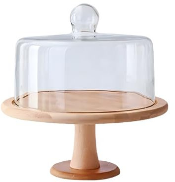 Cake Stand with Right Angle Top Cover, 12 in Wood Cake Plate with Clear Glass cover, Cake Stand Display Stand for Birthday, Wedding, Party, Café (Footed)