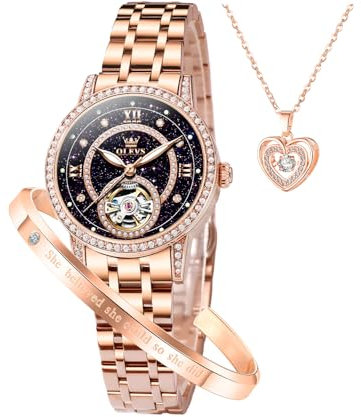 OLEVS Women’s Watch Automatic Diamond Tourbillon Luxury Fashion Stainless Steel Waterproof Luminous Wrist Watches for Ladies Gift Rose Gold/Starry Sky Blue/Silver