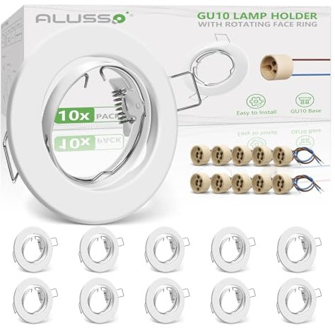 ALUSSO 10er Set Metall Einbaustrahler GU10 Rahmen 68mm, LED Spots 230V inkl. GU10 Fassung Deckenspots, 30° Schwenkbar Einbauspots Rund Einbaurahmen Badezimmer für LED oder Halogen Leuchtmittel, Weiß