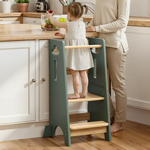 COSYLAND Toddler Kitchen Tower 3 Levels Height Adjustable - Super Stable Nursery Step Stool with Anti-fall Support Blocks - Toddlers Kitchen Stand Helper for Cooking (Green & Natural,Large)