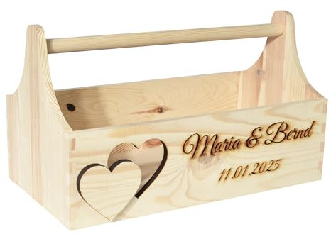CHICCIE Geschenkkorb zur Hochzeit Personalisierbar mit 3D Herz Namen Datum 34x18x20cm - Natur Holzkiste Geschenkidee Präsentkorb Hochzeitsgeschenk