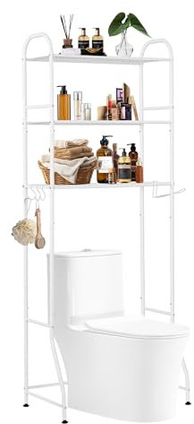 Tiemlet Over the Toilet Storage Unit, 3-Tier Stainless Steel Bathroom Shelves, White, No Drilling Easy Assembly, Non-Slip Feet, Fits Most Toilets 156x61x29cm