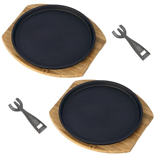 Chewtoyo 2 set di piatti da bistecca frizzanti, piatti rotondi in ferro da 23 cm, con vassoi in legno e clip resistenti al calore, per grigliare e teppanyaki