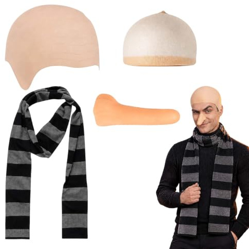 DvBCNMe 4 Stück Gru Kostüm, Karneval kostüm Herren, mit Latex-Glanzkappe, Haarnetz, gefälschte Nase, Schal, Erwachsenengrau-Kostüm Halloween, Karneval Kostüm Rollenspiel