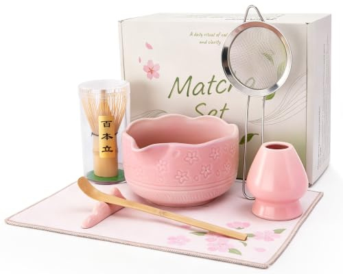 Matcha Kit - Matcha Set 7 pezzi, regali per principianti e appassionati | ciotola in ceramica, frusta e portafrusta, cucchiaio in bambù e porta in ceramica, colino, strofinaccio, con elegante scatola