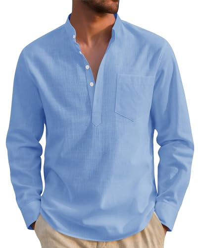 J.VER Linen Shirts Men Long Sleeve Regular Fit Casual Summer Beach Cotton Henley Shirt with Pocket