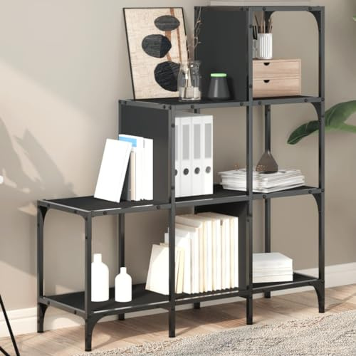 Owoxanthellate Black Ladder Bookcase 92x30x102 cm Engineered Wood & Metal Slim Standing Shelving Unit 100 kg Load Modern Display Shelf for Living Room Bedroom Corridor